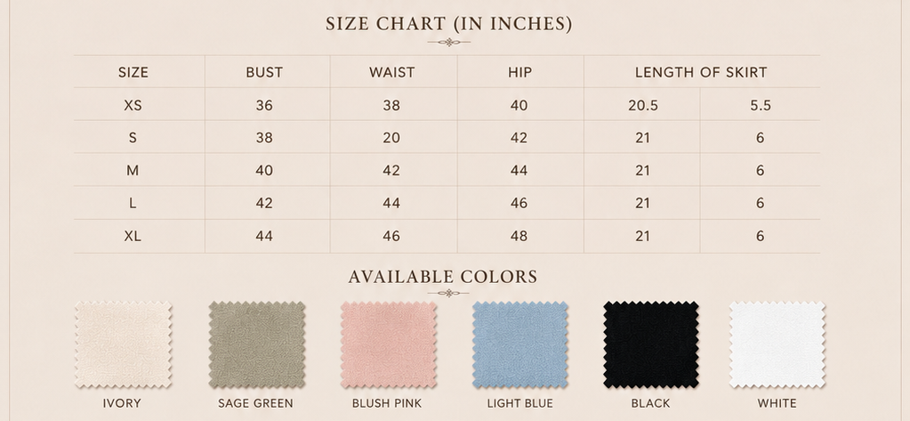 Sutton Rose Annabelle size chart and available colors