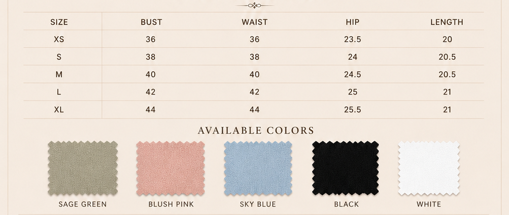 Sutton Rose Arabella size chart and available colors