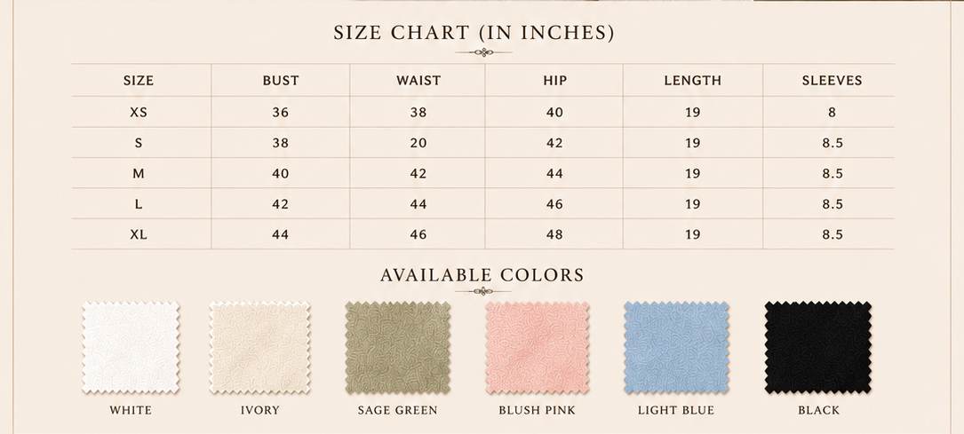Sutton Rose Beatrice size chart and available colors