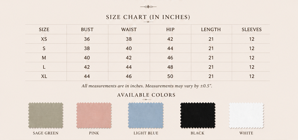 Sutton Rose Camille size chart and available colors