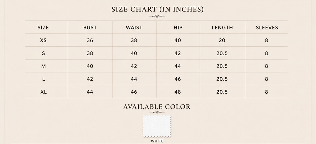 Sutton Rose Claire size chart and available colors
