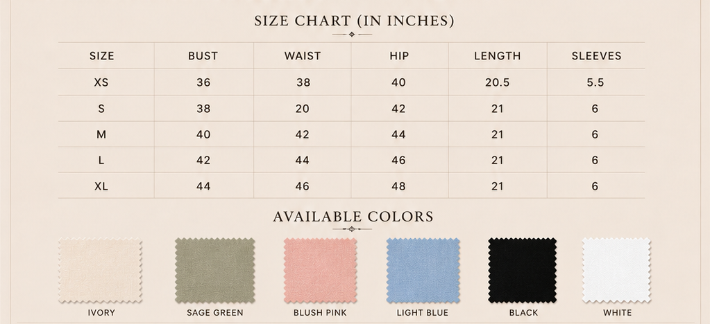 Sutton Rose Clara size chart and available colors