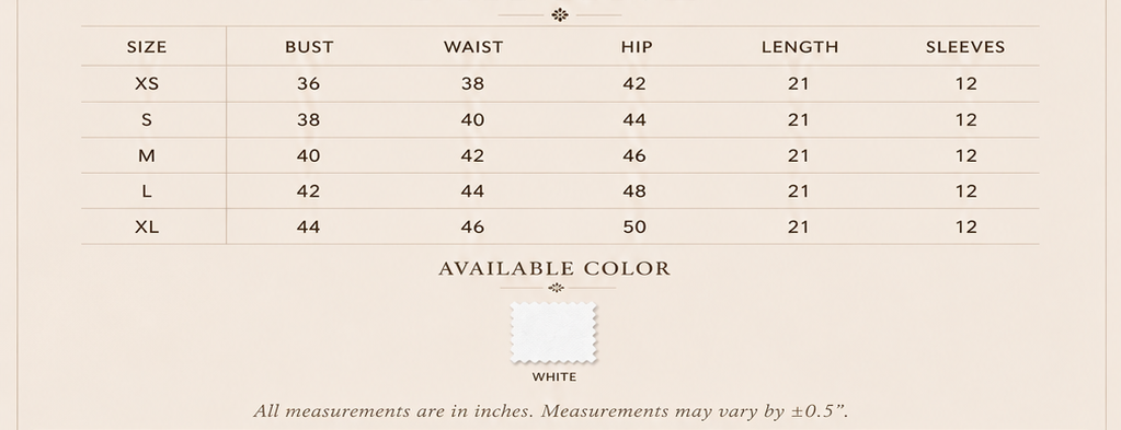 Sutton Rose Daphne size chart and available colors