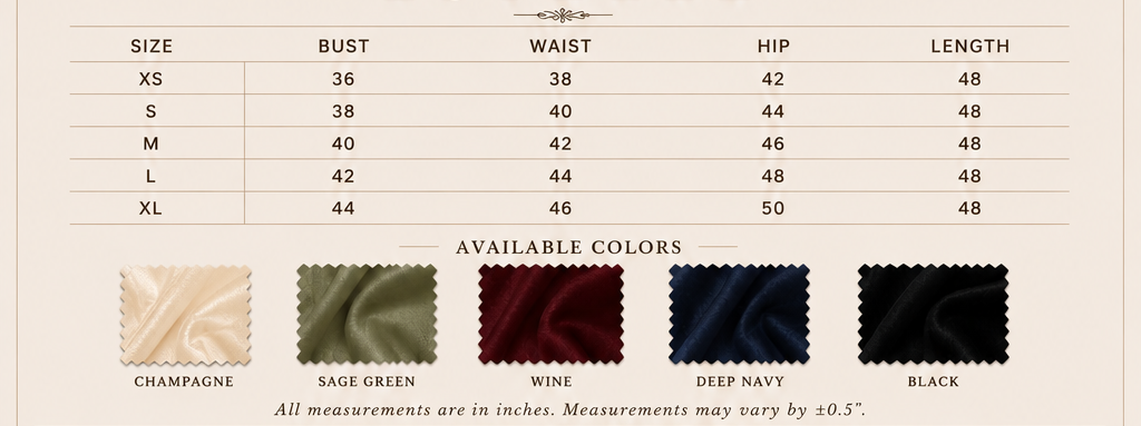 Sutton Rose Estelle size chart and available colors