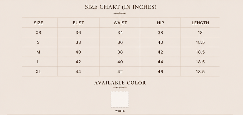 Sutton Rose Florence size chart and available colors