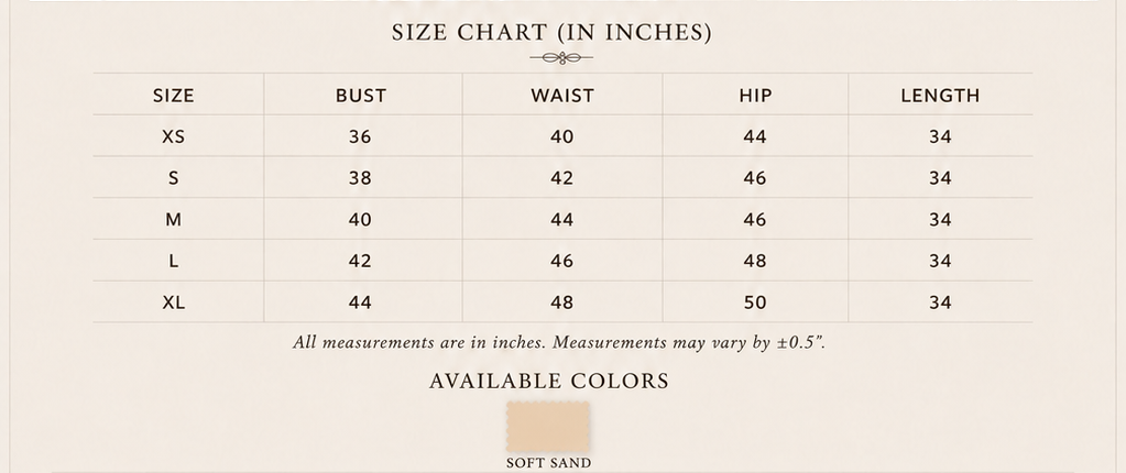 Sutton Rose Georgia size chart and available colors