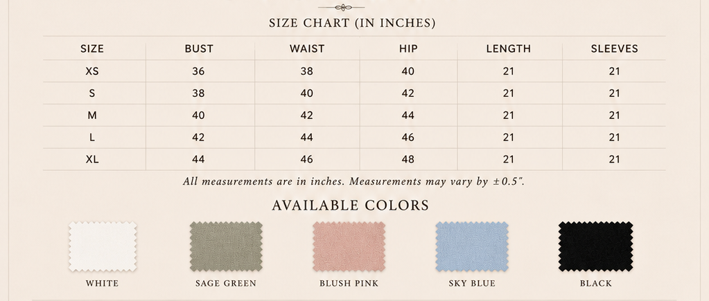 Sutton Rose Giselle size chart and available colors