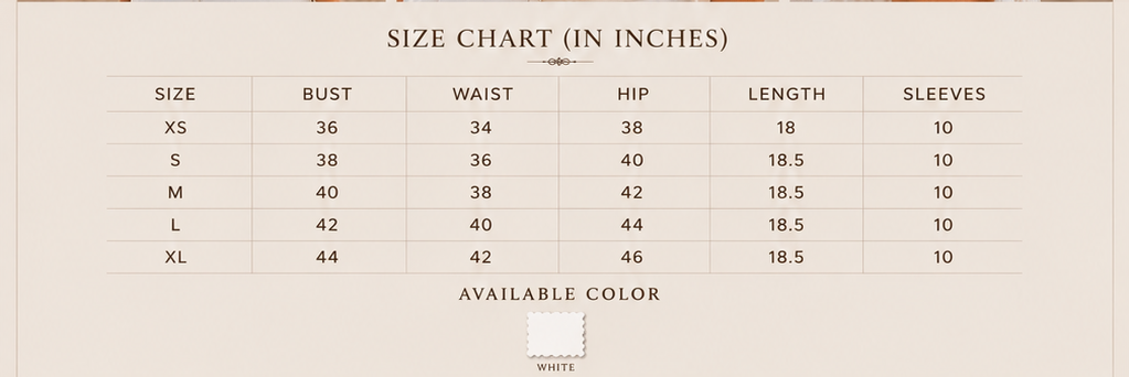 Sutton Rose Juliet size chart and available colors