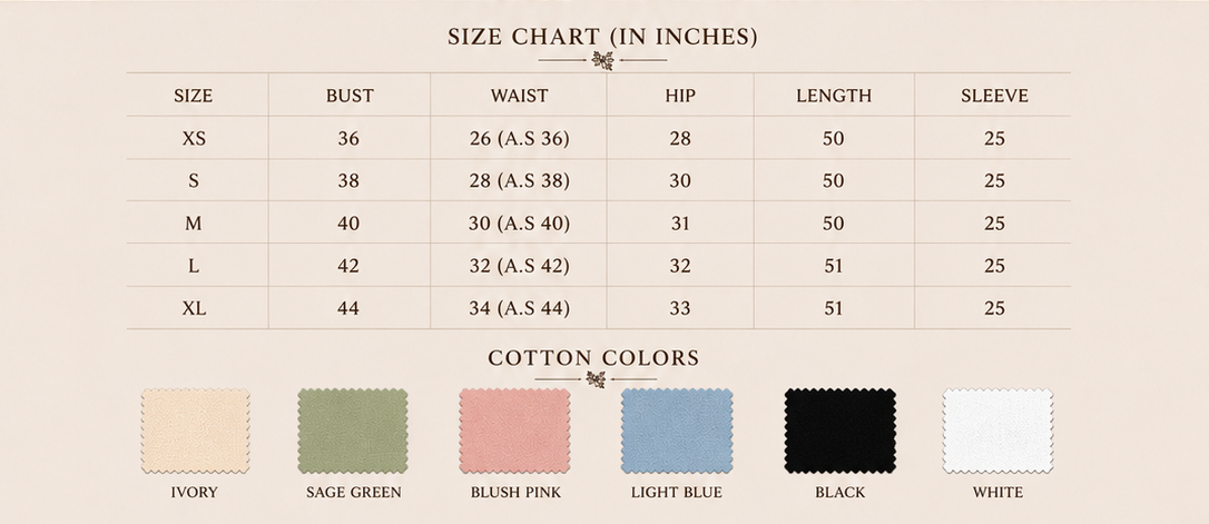 Sutton Rose Lila size chart and available colors