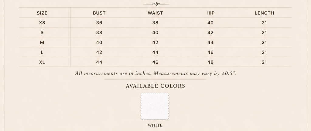 Sutton Rose Lucia size chart and available colors