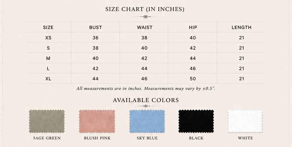 Sutton Rose Lucienne size chart and available colors
