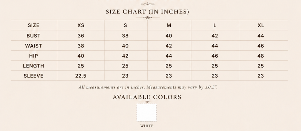 Sutton Rose Marbella size chart and available colors