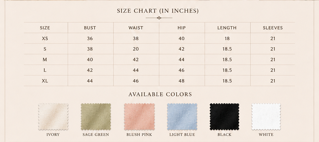 Sutton Rose Margot size chart and available colors