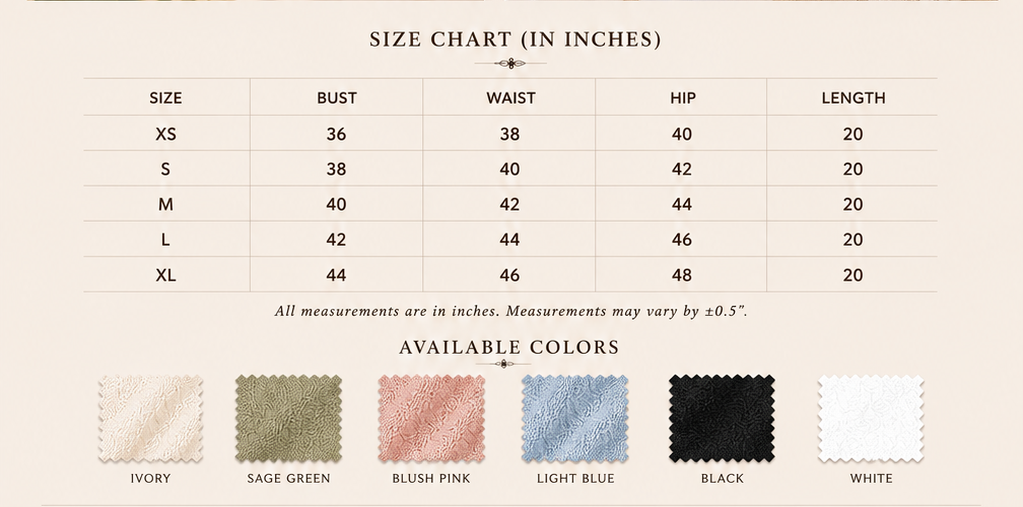 Sutton Rose Marielle size chart and available colors