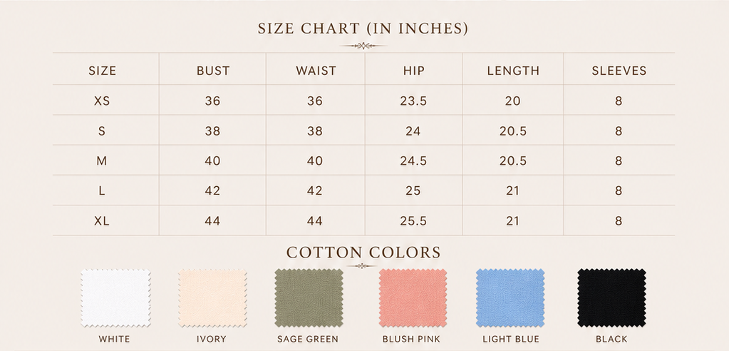 Sutton Rose Primrose size chart and available colors