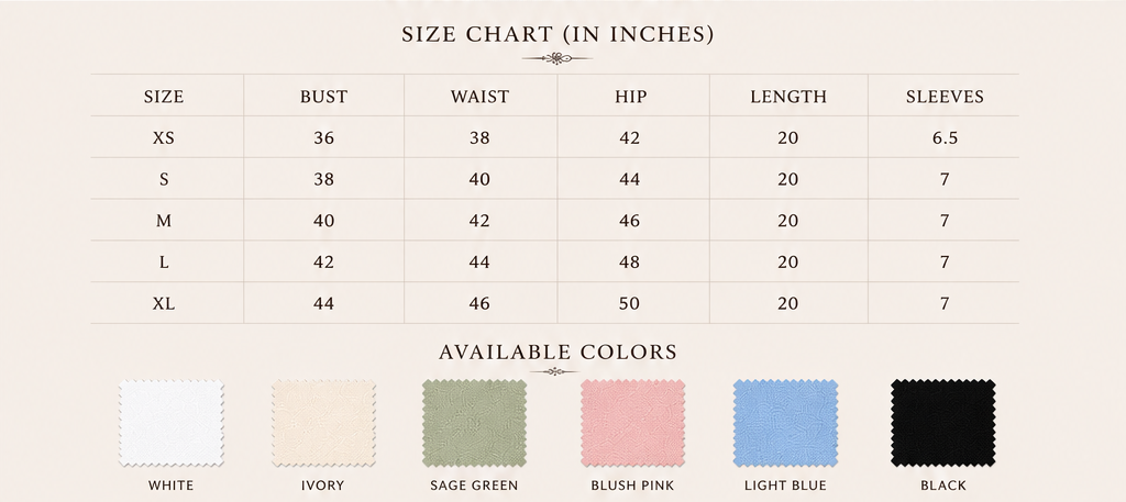 Sutton Rose Rosaline size chart and available colors