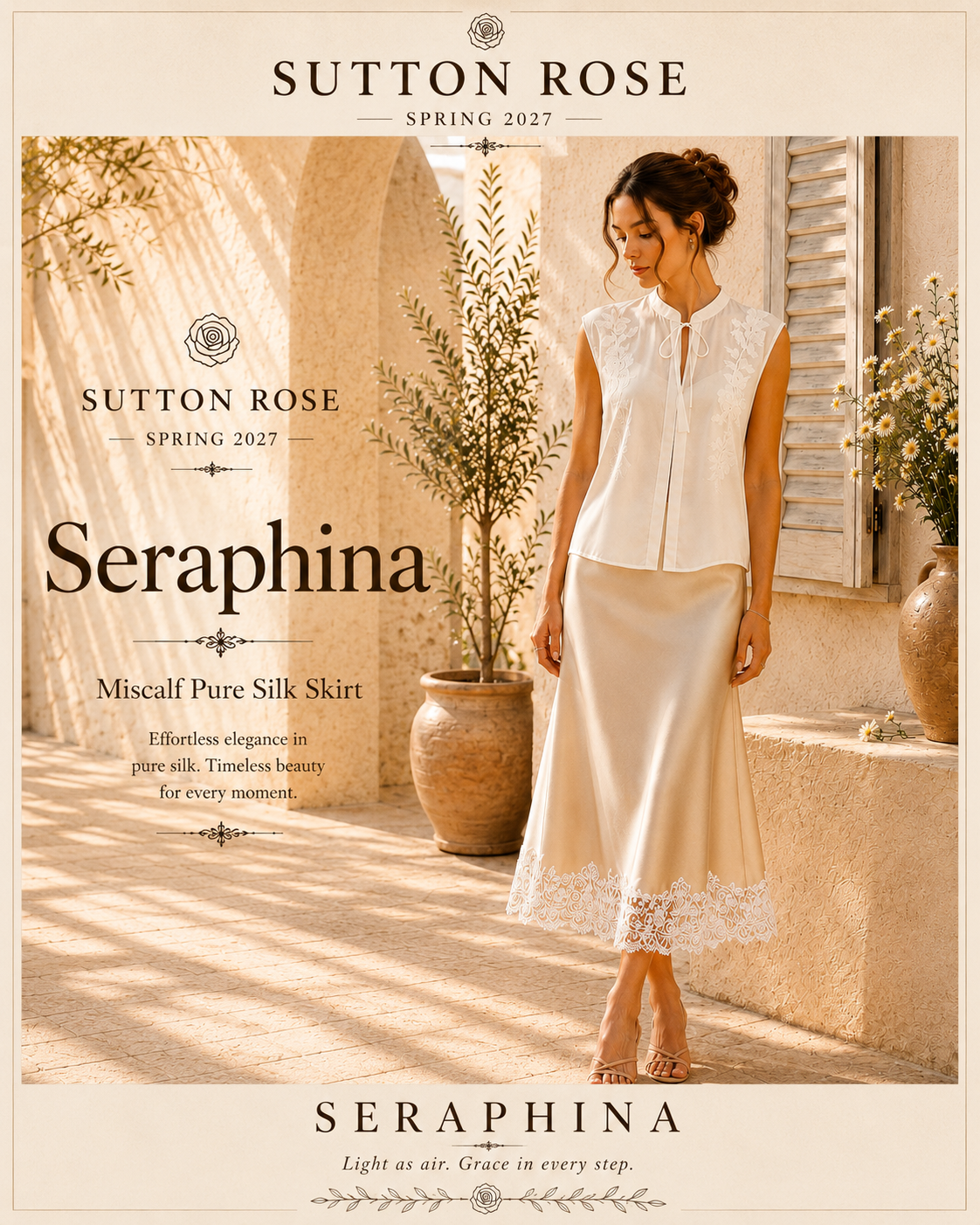 Sutton Rose Seraphina Pure Silk Lace-Trim Midi Skirt
