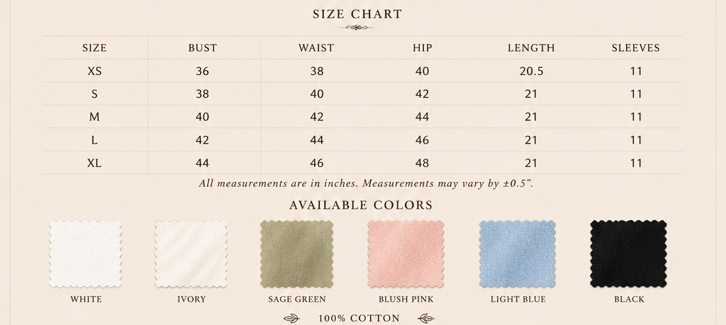 Sutton Rose Sienna size chart and available colors