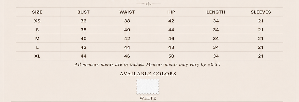 Sutton Rose Valentina size chart and available colors