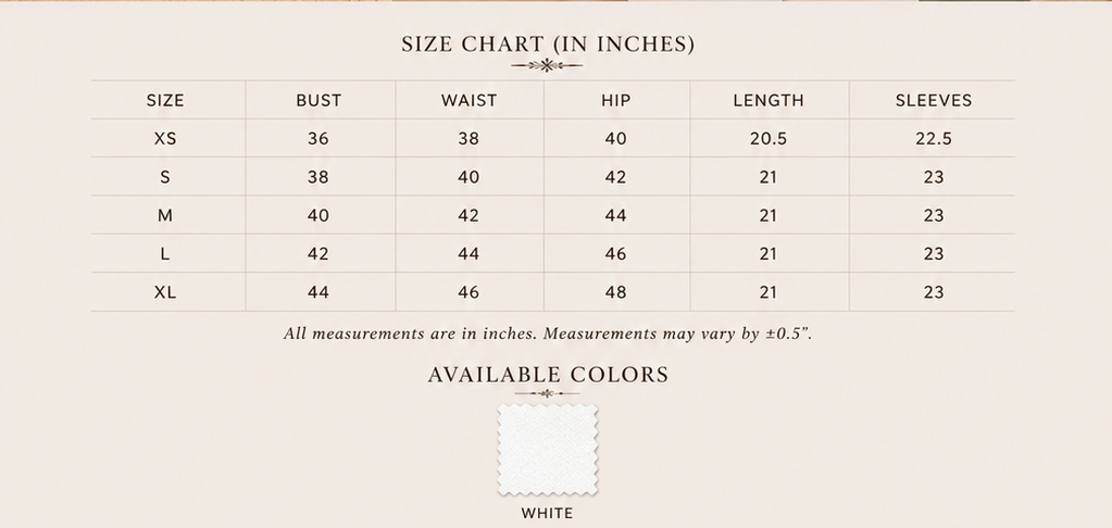 Sutton Rose Vivienne size chart and available colors